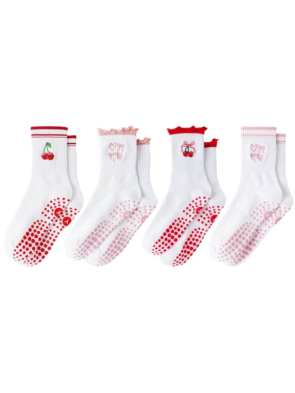 Pilates Grip Socks for Women, 4 Pairs Grippy Yoga Socks with Ruffle Embroidery Pattern for Barre Ballet Workout