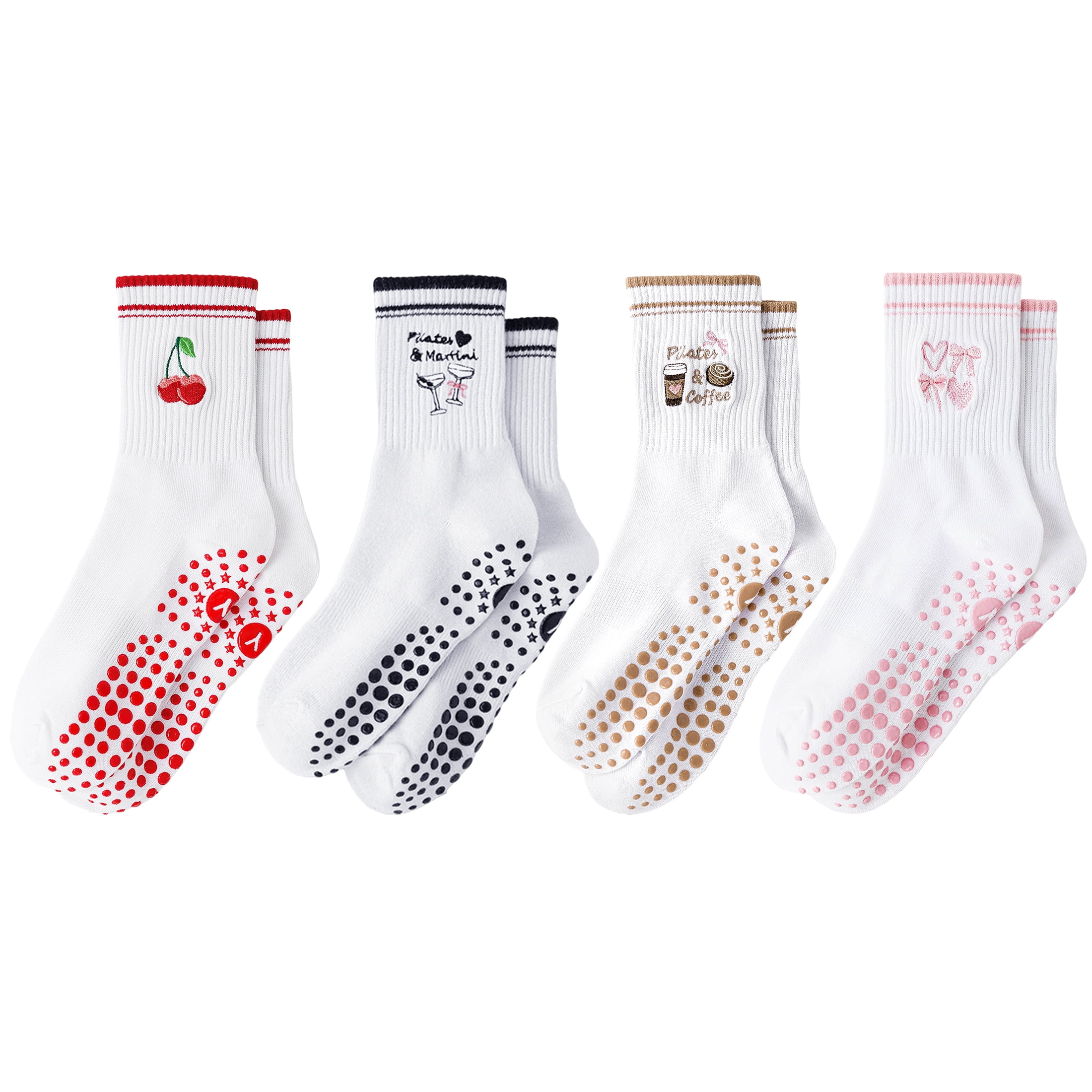 Yawlsow Pilates Grip Socks for Women, 4 Pairs Non Slip Yoga Socks with Cute Embroidery for Barre Ballet Workout, US Size 5-10