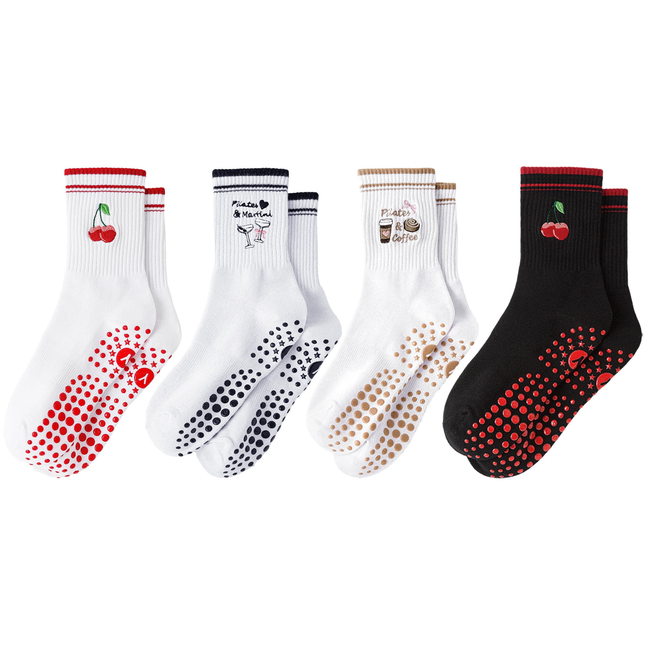 Yawlsow Pilates Grip Socks for Women, 4 Pairs Non Slip Yoga Socks with Ruffle Cuff Embroidery Pattern for Barre Ballet Workout, Hospital