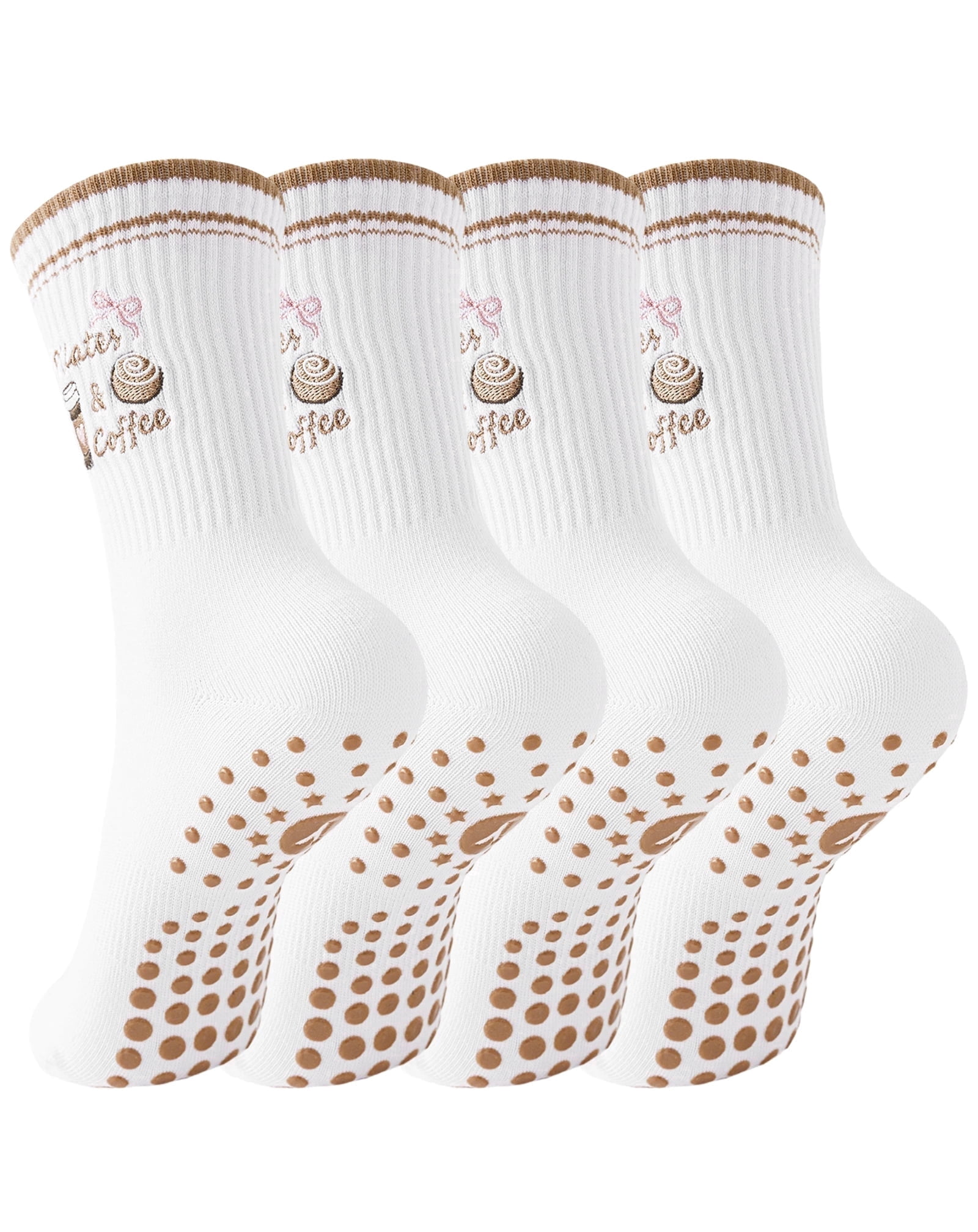 Yawlsow Pilates Grip Socks for Women, Grippy Yoga Socks with Coffee Embroidery for Barre Ballet Workout, US Size 5-10