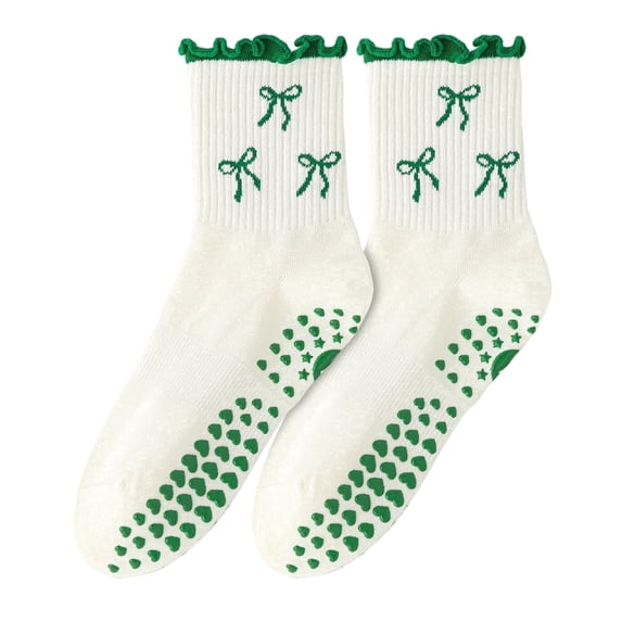Yawlsow Pilates Socks with Grips for Woman, Non Slip Ruffle Yoga Socks with 6-Bow & Arch Support for Barre Ballet Workout, Hospital