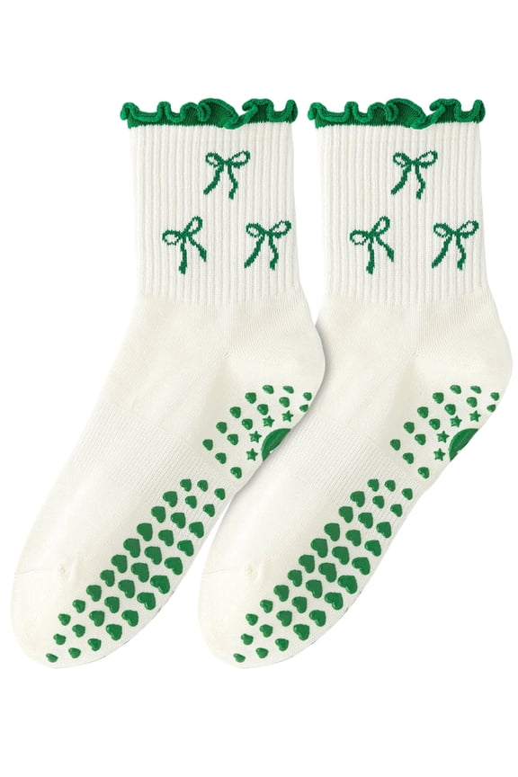 Pilates Socks with Grips for Woman, Non Slip Ruffle Yoga Socks with 6-Bow & Arch Support for Barre Ballet Workout, Hospital