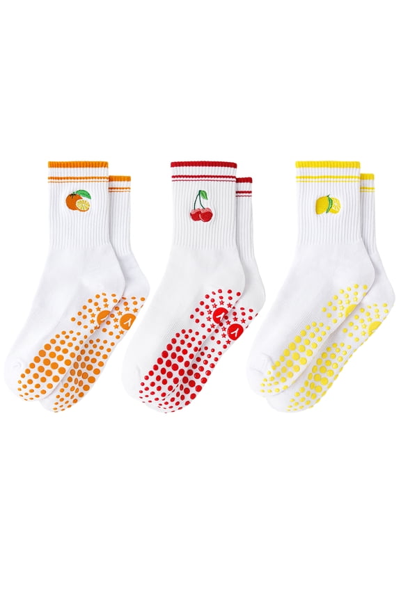 Pilates Socks with Grips for Women, 3 Pairs Non-Slip Yoga Socks with Cute Embroidery for Barre Ballet Workout, Hospital