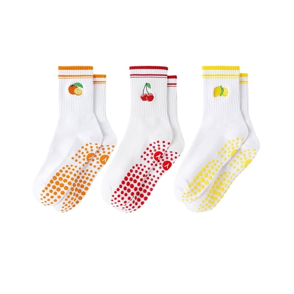 Yawlsow Pilates Socks with Grips for Women, 3 Pairs Non-Slip Yoga Socks with Cute Embroidery for Barre Ballet Workout, Hospital