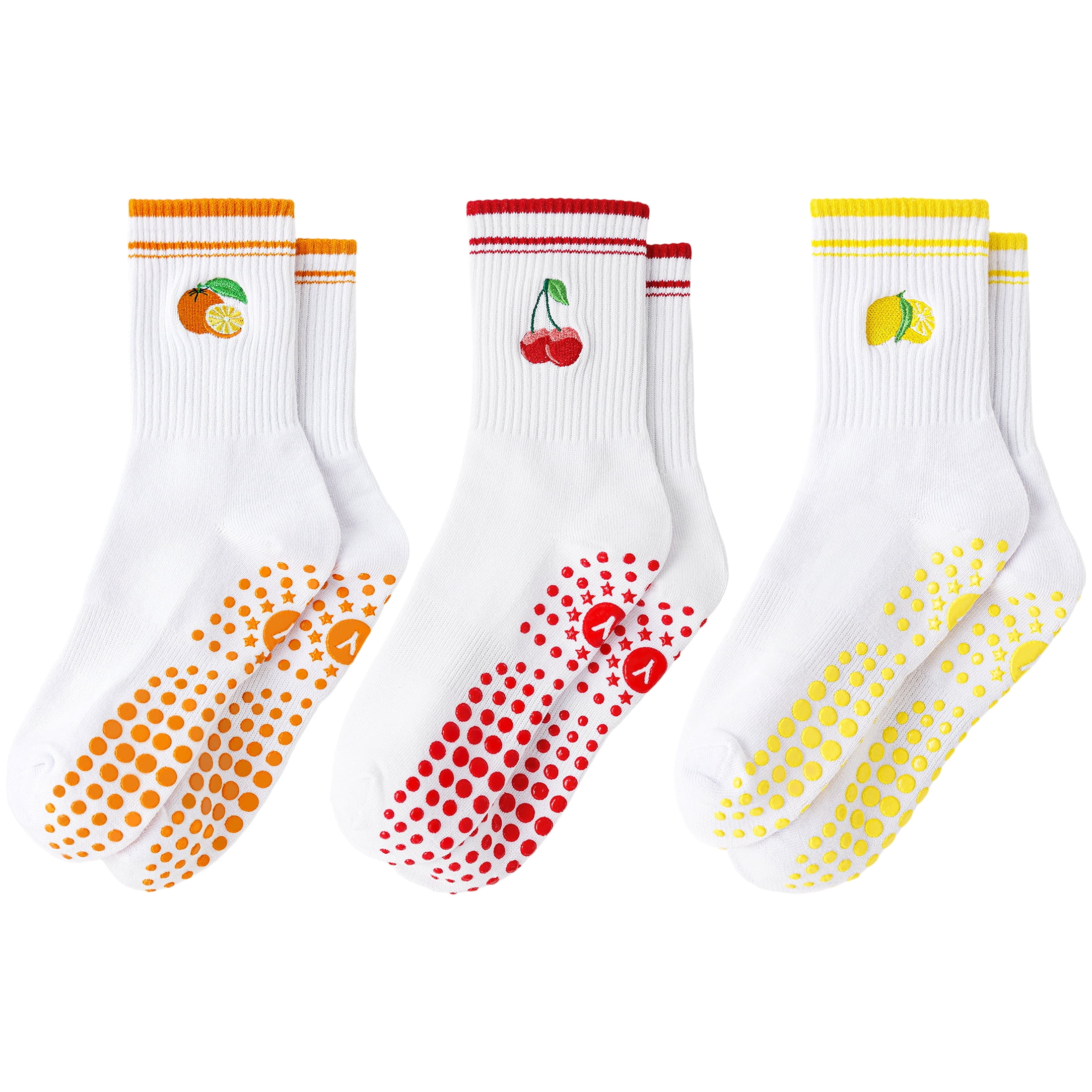 Yawlsow Pilates Socks with Grips for Women, 3 Pairs Non-Slip Yoga Socks with Cute Embroidery for Barre Ballet Workout, Hospital