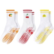 Yawlsow Pilates Socks with Grips for Women, 3 Pairs Non-Slip Yoga Socks with Cute Embroidery for Barre Ballet Workout, Hospital