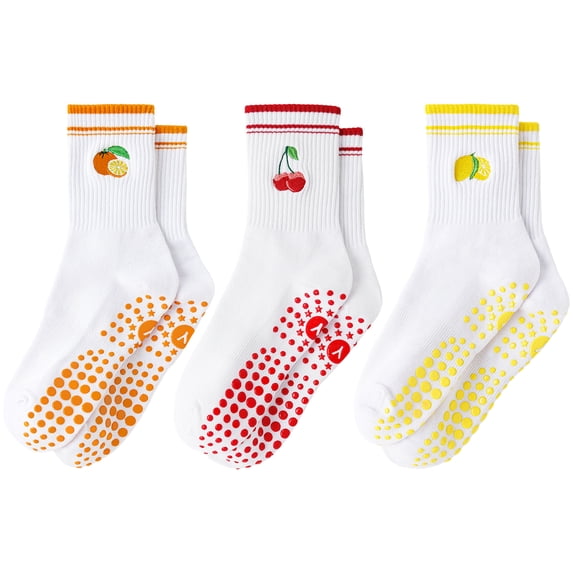 Yawlsow Pilates Socks with Grips for Women, 3 Pairs Non-Slip Yoga Socks with Cute Embroidery for Barre Ballet Workout, Hospital