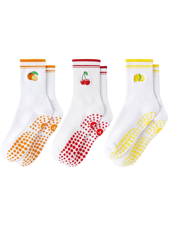 Pilates Socks with Grips for Women, 3 Pairs Non-Slip Yoga Socks with Cute Embroidery for Barre Ballet Workout, Hospital