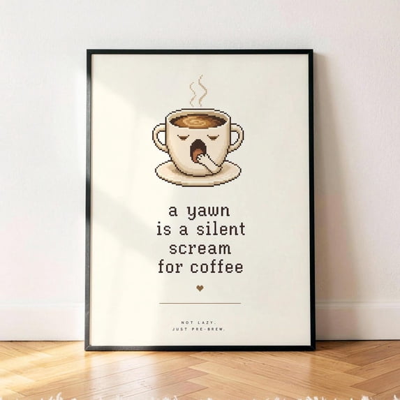 Yawning Coffee Cup Wall Art Print, Pixel Art Retro Caffeine Kitchen ...