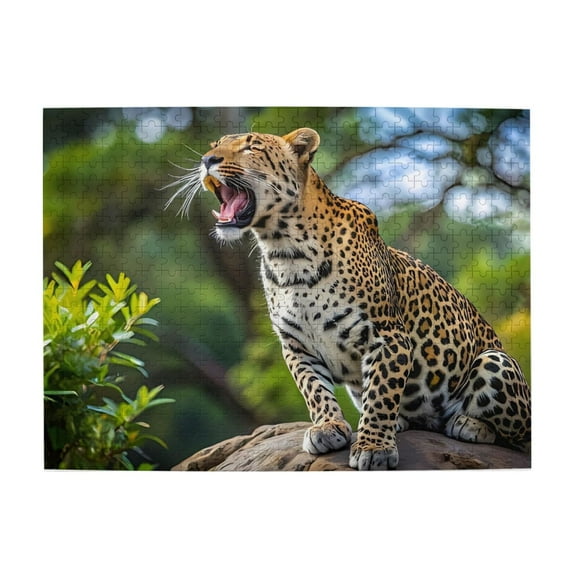 Yawning Leopard On Rock 500-Piece Wooden Jigsaw Puzzle for Adults, Fun & Challenging Family Game, Stylish Wall Decor & Holiday Gift