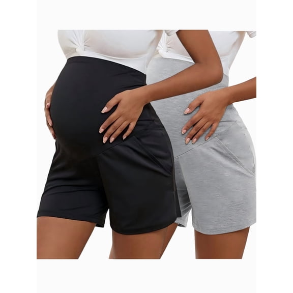 Yawrut 2 Pack Ladies' Comfortable High Waist Support Abdominal Side Pocket Pregnant Yoga Shorts