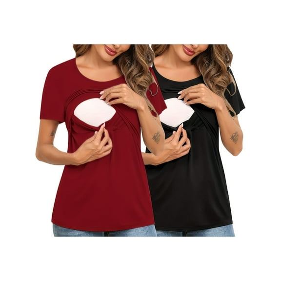 Yawrut 2-Pack Set Women's Nursing Tops for Breastfeeding Maternity Shirts Double Layer Pregnancy Clothes Postpartum Tee Shirt