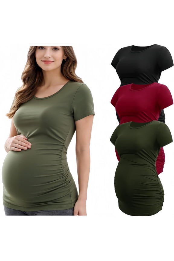 3 Pack Maternity Shirts, Short Sleeve Ruched Pregnancy T-Shirt, Soft Stretchy Crew Neck Maternity Tops, Casual Maternity Tee for All Trimesters, Daily Wear for Home Work Prenatal Visits
