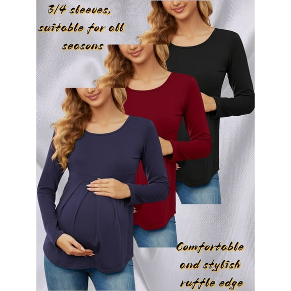 Yawrut 3 Pieces Ladies Maternity Ruffled Pleated Stretch Slim Comfortable Long Sleeve Top