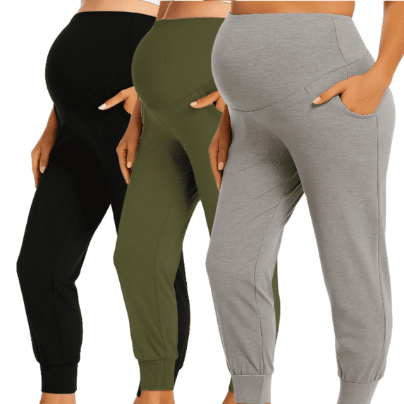 Yawrut Three-Piece Set Women Pregnant Women High Waist Support Side Pocket Bunched feet Yoga Maternity Pants