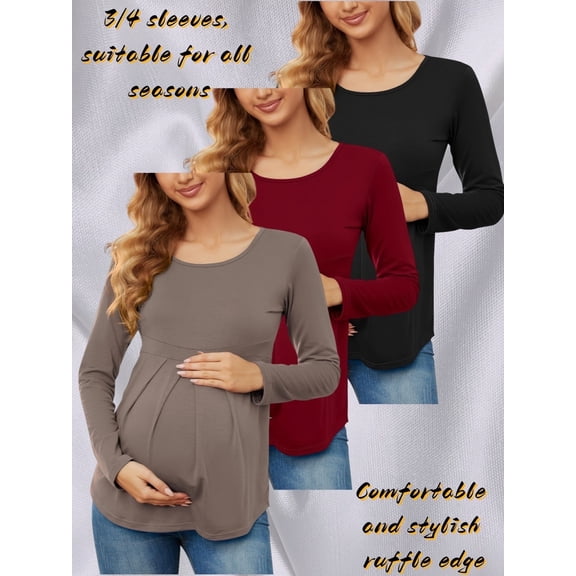 Yawrut 3 Pieces Ladies Maternity Ruffled Pleated Stretch Slim Comfortable Long Sleeve Top