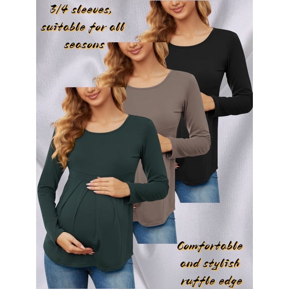 Yawrut 3 Pieces Ladies Maternity Ruffled Pleated Stretch Slim Comfortable Long Sleeve Top