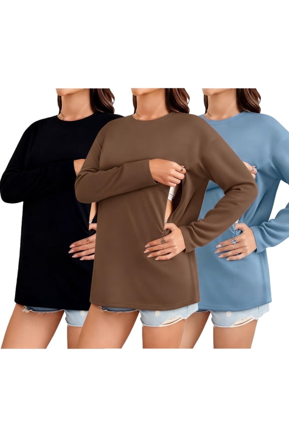 3Pack Women's Long Sleeved Nursing Top, Soft Maternity Shirt With Hidden Zipper