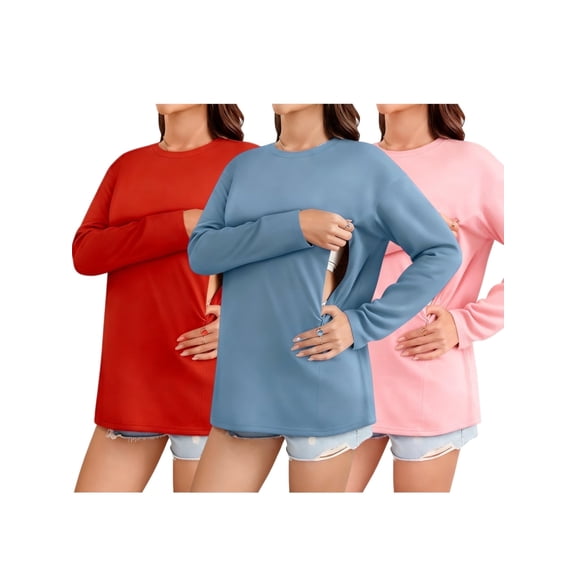 Yawrut 3Pack Women's Long Sleeved Nursing Top, Soft Maternity Shirt With Hidden Zipper