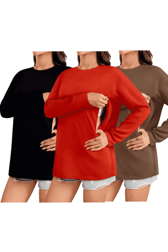 3Pack Women's Long Sleeved Nursing Top, Soft Maternity Shirt With Hidden Zipper