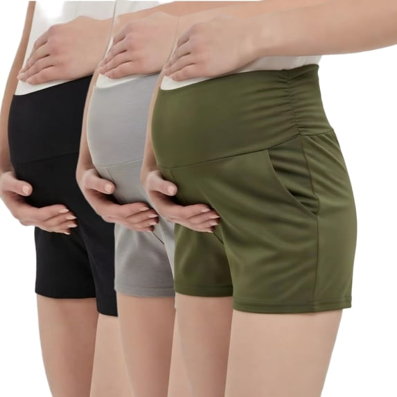 Yawrut Maternity 3Pack Yoga Shorts High Waist Over Bump, Soft Stretchy Pregnancy Lounge Shorts with Pockets
