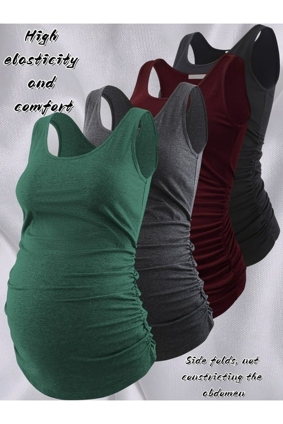 Maternity 4-Piece Tank Tops Sleeveless Ruched Basic Tops Maternity Shirt Vest Mama Clothes