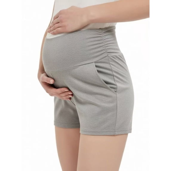Yawrut Maternity Yoga Shorts High Waist Over Bump, Soft Stretchy Pregnancy Lounge Shorts with Pockets