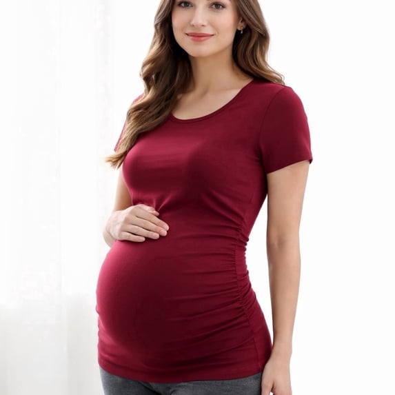 Yawrut Round Neck Maternity T-Shirt, Soft Stretchy Ruched Pregnancy Top, Casual Short Sleeve Maternity Tee for All Trimesters, Daily Home Work Pregnant Shirts