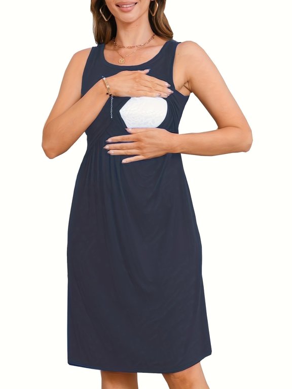 Women's Breastfeeding Dress, Summer Refreshing Sleeveless Round Neck Elastic Waist Slimming Fashion Breastfeeding Dress,Size: S-XL