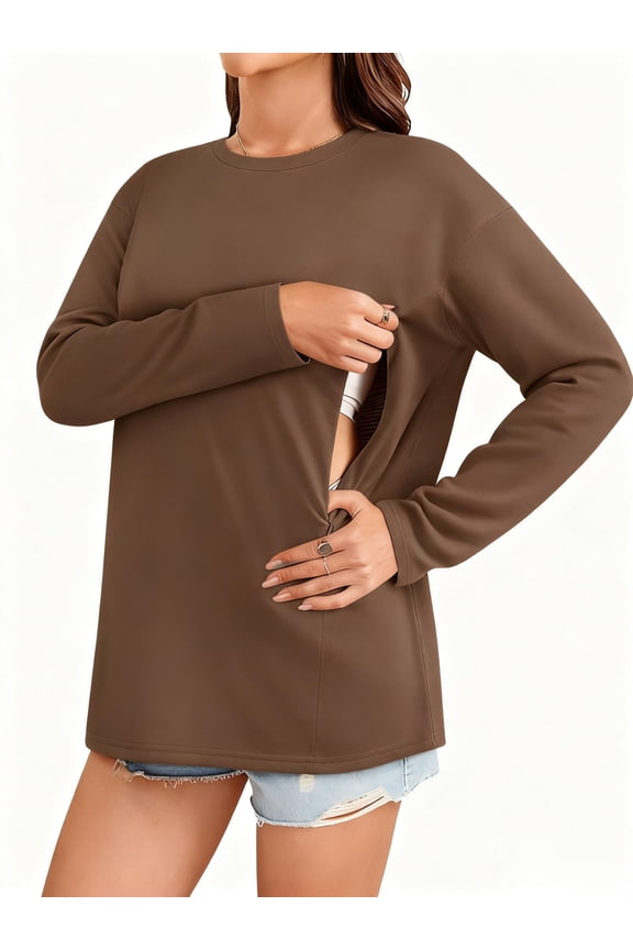 Women's Long Sleeved Nursing Top, Soft Maternity Shirt With Hidden Zipper