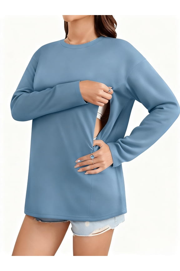 Women's Long Sleeved Nursing Top, Soft Maternity Shirt With Hidden Zipper