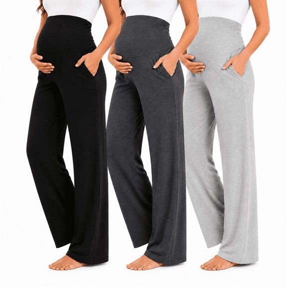 Yawrut Women's Maternity 3-piece set Wide Leg Pants Over Belly Soft Stretch Pregnancy Lounge Pants with Pockets for Yoga Work Everyday