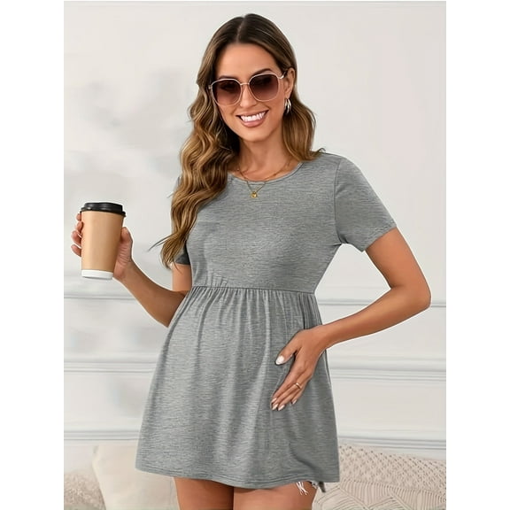 Yawrut Women's Maternity Tops Light Grey Short Sleeve Scoop Neck Elastic Band High Waist ShirtsPregnancy Clothes