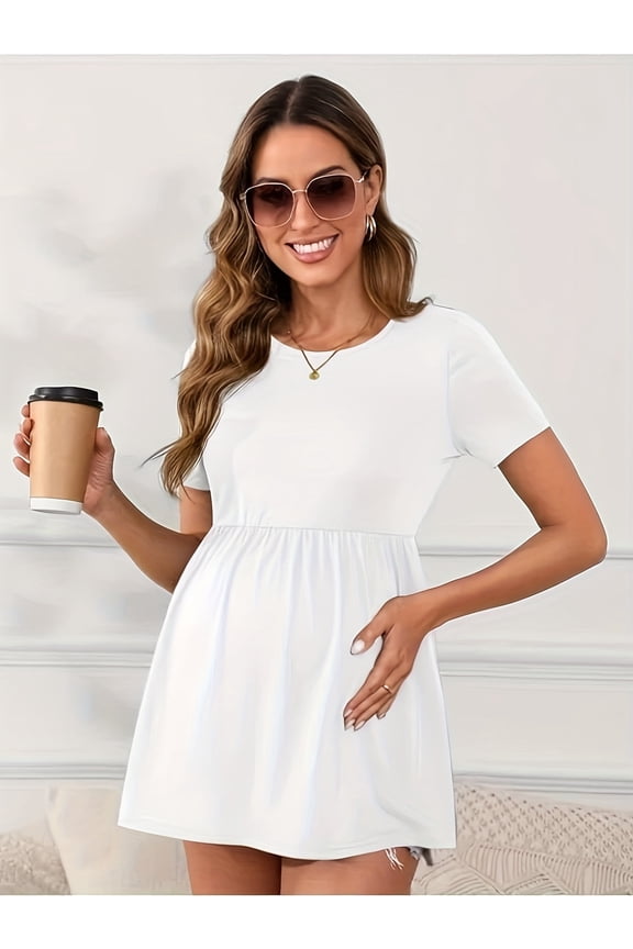 Women's Maternity Tops White Short Sleeve Scoop Neck Elastic Band High Waist ShirtsPregnancy Clothes