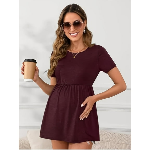 Yawrut Women's Maternity Tops Wine Red Short Sleeve Scoop Neck Elastic Band High Waist ShirtsPregnancy Clothes