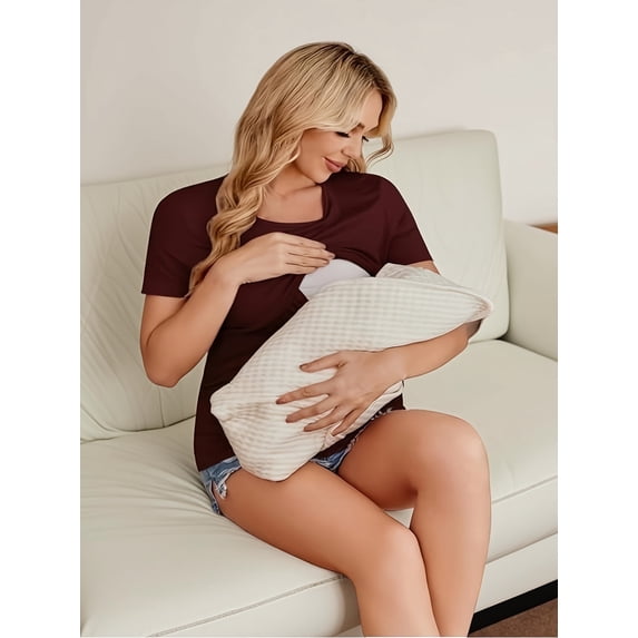 Yawrut Breastfeede Clothes For Woman,Wine red Round-neck Comfortable Double-layer Short-sleeved Postpartum Breastfeeding Top