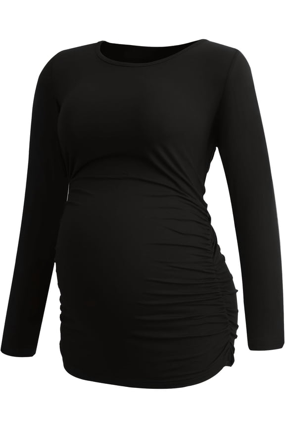 Womens Maternity Long Sleeve Tshirt Classic Side Ruched Tee Top Mama Pregnancy Clothes