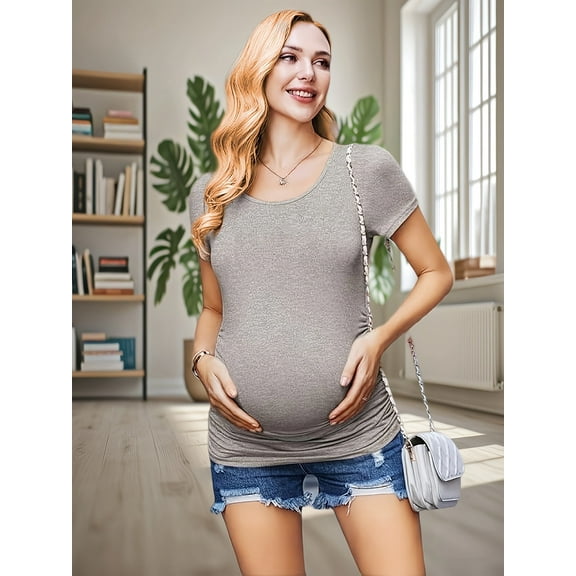 Yawrut Women's Short Sleeve Side Pleated Waist Classic Maternity T-shirt