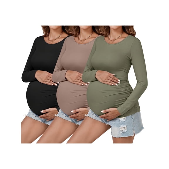 Yawrut Womens 3 Pieces Maternity Long Sleeve Tshirt Classic Side Ruched Tee Top Mama Pregnancy Clothes