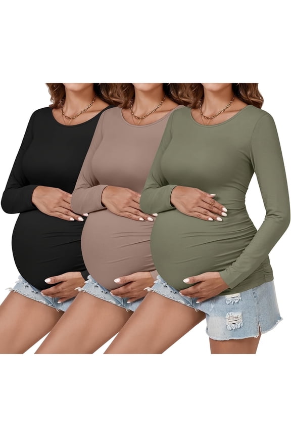 Womens 3 Pieces Maternity Long Sleeve Tshirt Classic Side Ruched Tee Top Mama Pregnancy Clothes