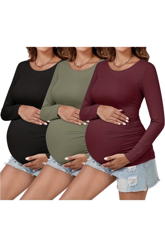 Womens 3 Pieces Maternity Long Sleeve Tshirt Classic Side Ruched Tee Top Mama Pregnancy Clothes