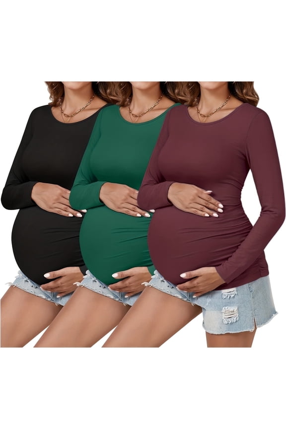 Womens 3 Pieces Maternity Long Sleeve Tshirt Classic Side Ruched Tee Top Mama Pregnancy Clothes