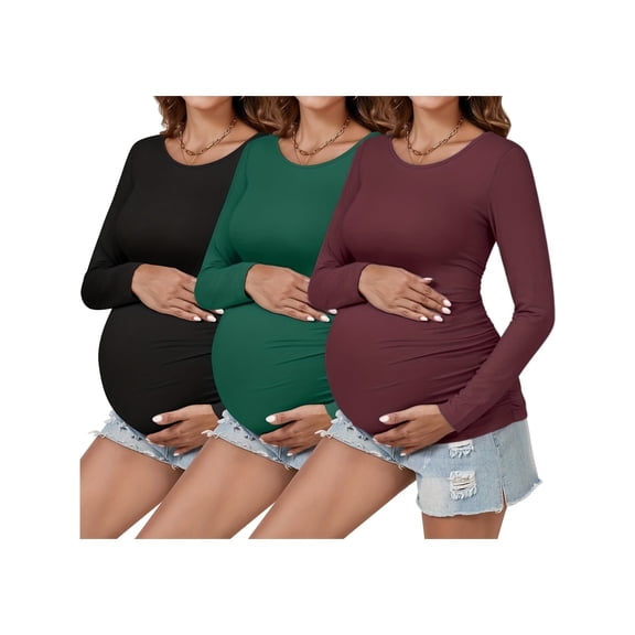 Yawrut Womens 3 Pieces Maternity Long Sleeve Tshirt Classic Side Ruched Tee Top Mama Pregnancy Clothes