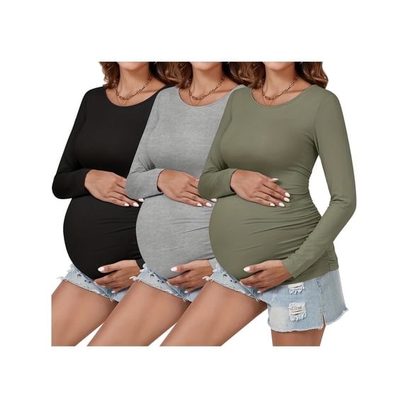Yawrut Womens 3 Pieces Maternity Long Sleeve Tshirt Classic Side Ruched Tee Top Mama Pregnancy Clothes