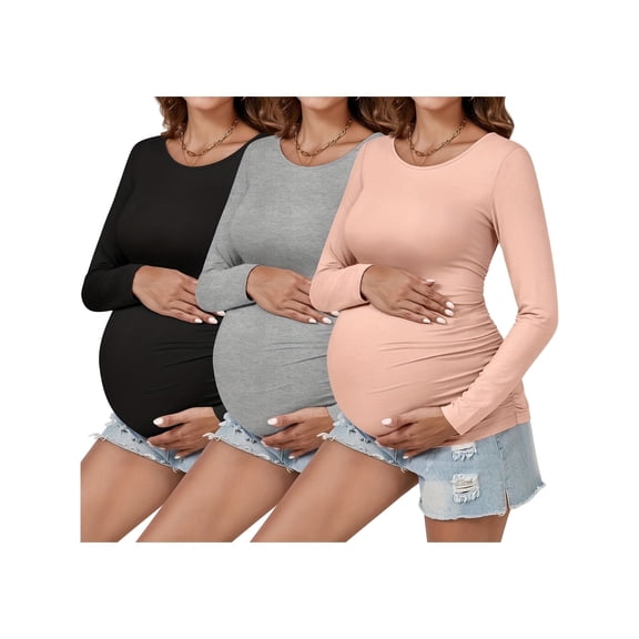 Yawrut Womens 3 Pieces Maternity Long Sleeve Tshirt Classic Side Ruched Tee Top Mama Pregnancy Clothes