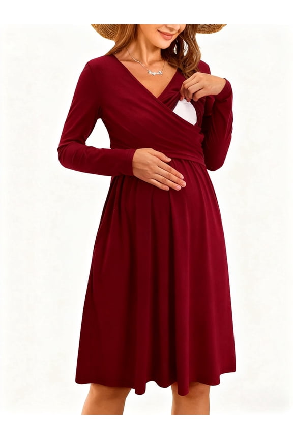 Womens V-Neck Maternity Dresses Nursing Breastfeeding Dress With Pockets