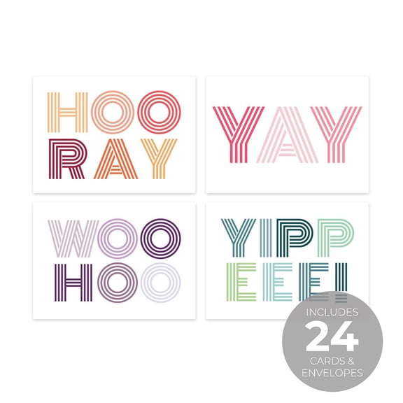 Yay, Yippee, Woohoo Congratulatory Note Cards For Every Occasion / 24 Blank Celebration Greeting Cards / 3 1/2" x 4 7/8" Congrats Note Cards / Made In The USA