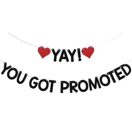 Yay! You Got Promoted Banner - Congrats on Your Promotion Decor, Congratulations, Job Promotion Party Decorations Black Glitter