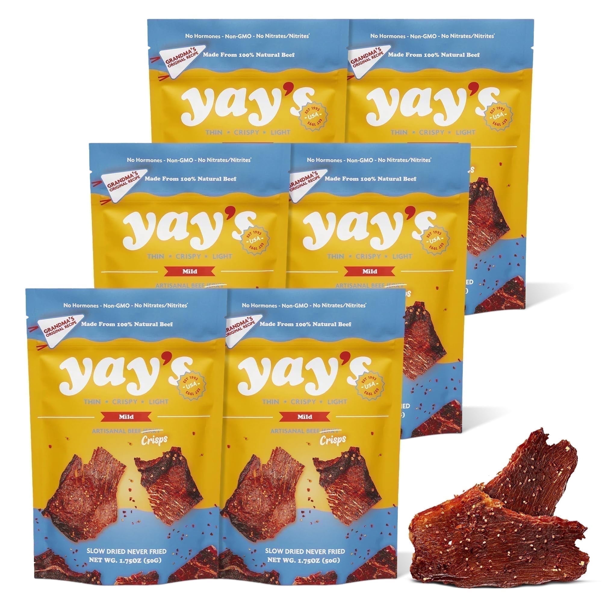 Yay's Snacks Sweet and Spicy Beef Crisps | High-Protein Ready-to-Eat Crispy Crunchy Chipped beef | Mild Beef Jerky with 24g Protein per Bag, Non-GMO Healthy Meat Snack, Made in USA pack of 6(1.75 oz)