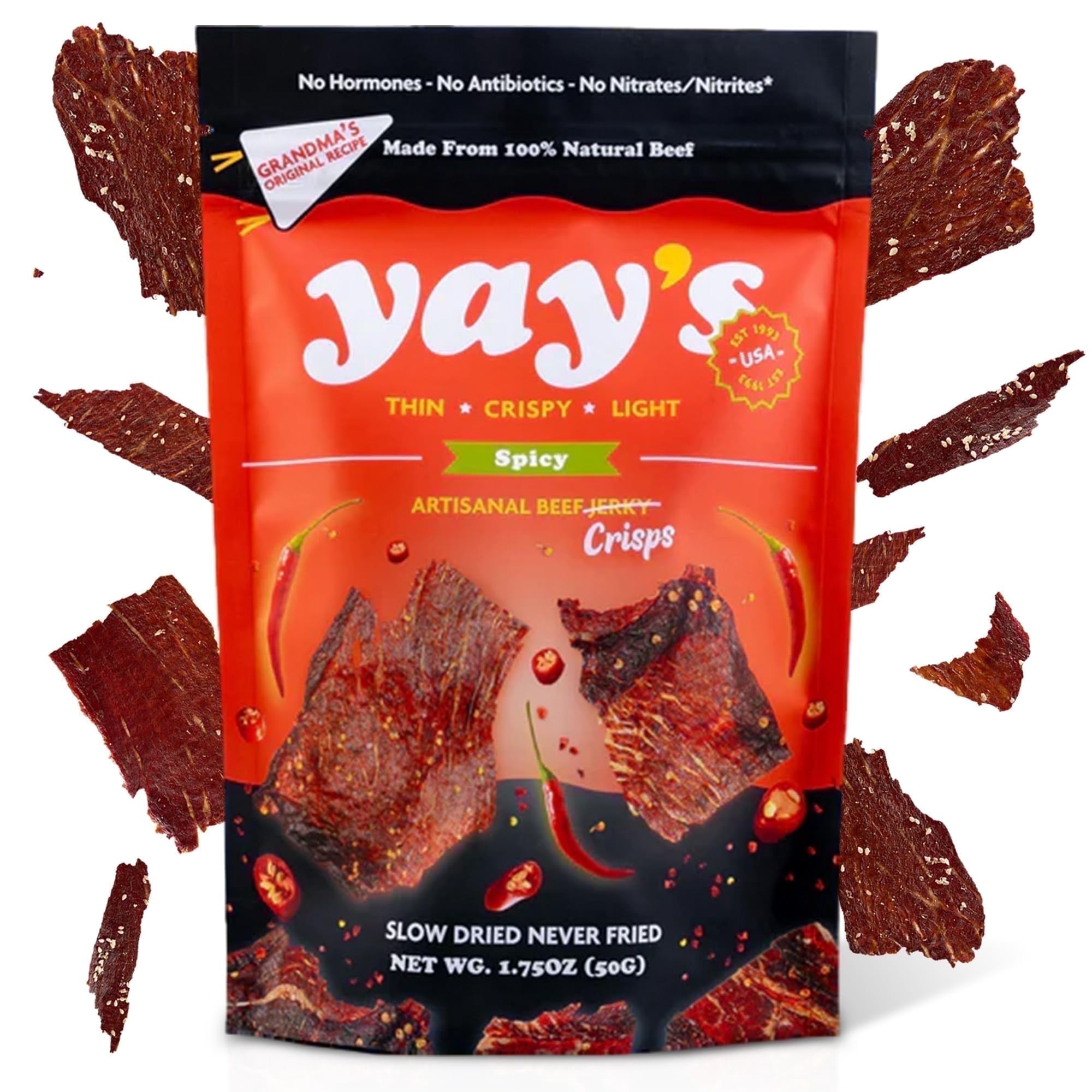 Yay's Snacks Sweet and Spicy Beef Crisps | High-Protein Ready-to-Eat Crispy Crunchy Chipped beef | Spicy Beef Jerky with 24g Protein per Bag, Non-GMO Healthy Meat Snack, Made in USA pack of 1(1.75 oz